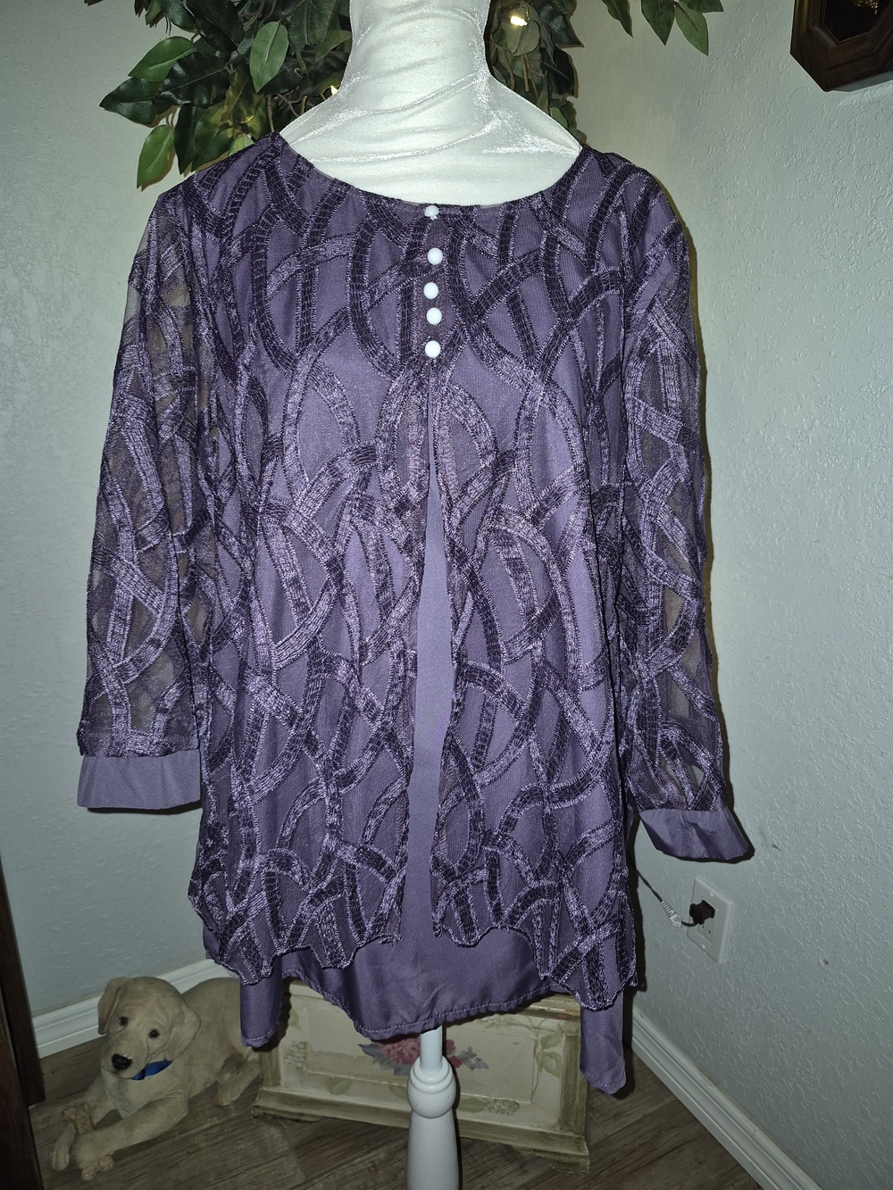 SHEIN Purple Lace Overlay Tunic with Decorative Buttons